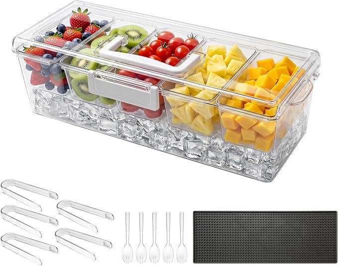 VEVOR Chilled Condiment Server Caddy, 5 Compartment Ice Cooled Serving Container, Plastic Fruit Garnish Tray Platter with Lid, for Taco Salad Bar Accessories, Party Home Restaurant Supplies