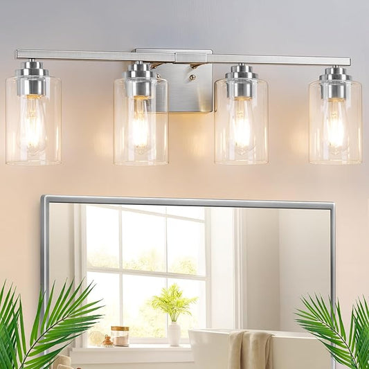 VerRon 4-Light Bathroom Light Fixtures, 27" Brushed Nickel Modern Vanity Lights Over Mirror with Clear Glass Shades, Classic Wall Light Fixture for Mirror Living Room Cabinet Bedroom Porch