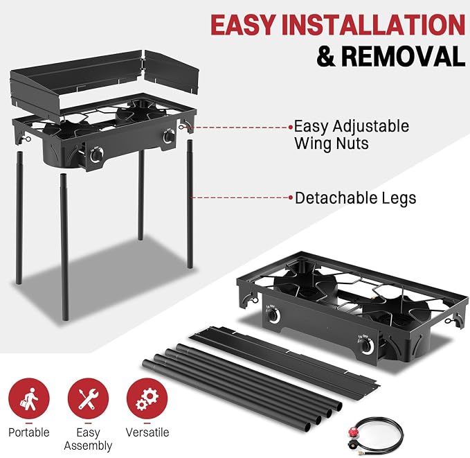 2 Burner Propane Camp Stove | 150,000 BTU | High Pressure Gas Burners | CSA Certified | Windscreen | Waterproof Cover | Detachable Legs | Ideal for Camping Tailgating Backyard Outdoor Cooking