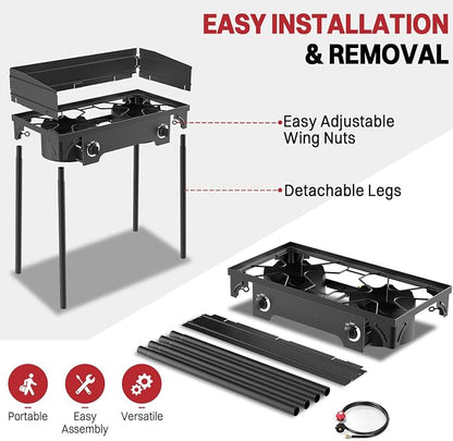 2 Burner Propane Camp Stove | 150,000 BTU | High Pressure Gas Burners | CSA Certified | Windscreen | Waterproof Cover | Detachable Legs | Ideal for Camping Tailgating Backyard Outdoor Cooking