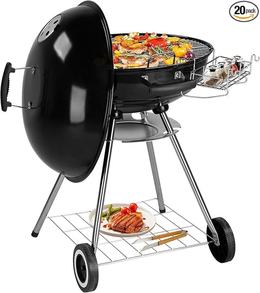 28-Inch Portable Charcoal Grill with Wheels and Storage Holder, Porcelain-Enameled Lid and Ash Catcher & Thermometer, Round Barbecue Kettle Grill Bowl for Outdoor Party Camping Picnic