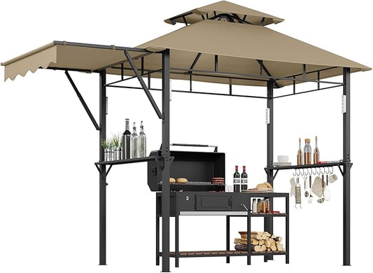 8x5 ft Grill Gazebo, Double Tired Outdoor Patio Canopy Tent with Side Awning Shelves,4 LED Lights,10 Hooks & Bottle Opener,Heavy Duty Steel Frame Grilling Canopy for Patio Backyard Garden Picnic,Khaki