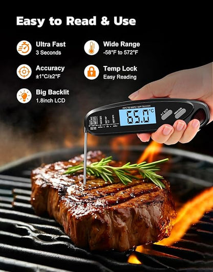 Instant Read Meat Thermometer Digital with Dual Probe, Food Thermometer for Cooking & Grilling, Large Backlit & Calibration, Grill Thermometer for Outside/Kitchen/Oven//Smoker/BBQ/Baking, Black