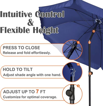 Blissun 6.5ft Patio Umbrella with Push Button Tilt & Height Adjustable, UV50+ Sun Protection with Sturdy Fiberglass Ribs & Iron Pole, Market Umbrella for Outdoor Table Garden Backyard Beach