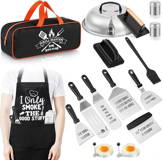 Boao Dad Gifts from Daughter Son for Father's Day Flat Top Grill Accessories with Enlarged Spatulas BBQ Apron and Carry Bag Dad Gifts for Father's Day, Birthday, Camp, Outdoor Grilling BBQ