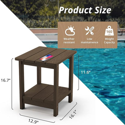 LUE BONA Outdoor Side Table, 2-Tier HDPS Small Patio Table, Dark Brown | 2-Tier Shelf for Extra Storage, Small End Table for Pool, Porch, Balcony, Weather Resistant HDPS, Easy Clean