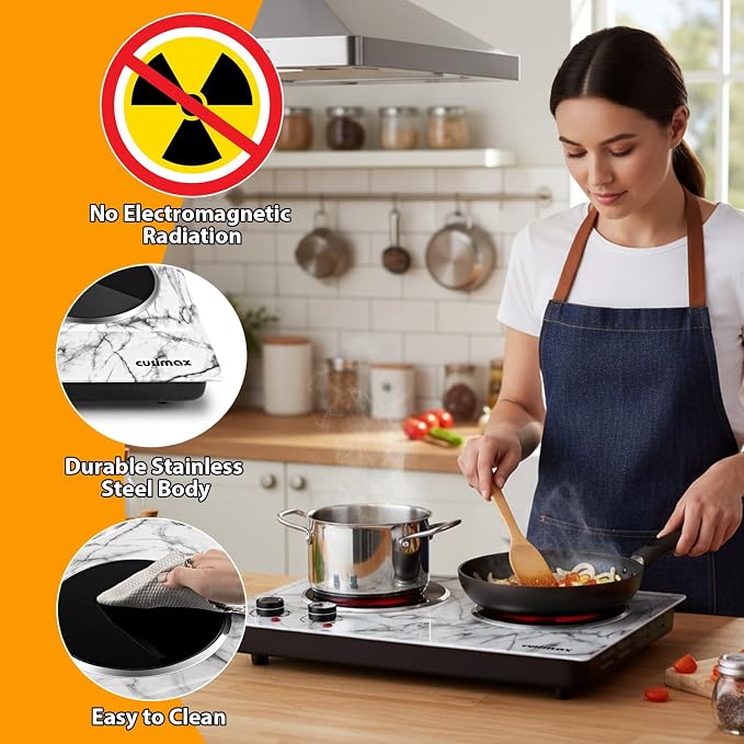 CUSIMAX Hot Plate, 1800W Double Burner Hot Plate for Cooking, White Marble | Portable Infrared Cooktop with Dual Temperature Control/Heat-up in Seconds/Overheating Protectio/Stainless Steel/Easy Cleanup