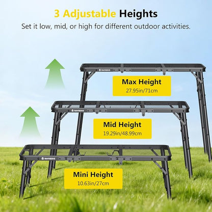Raynesys Portable Folding Grill Table for Outside for Picnic, Camping | 3 Height Adjustable Small Camping Table with Mesh Bag, Metal Aluminum Folding Table, 35.43x15.75 inches, Black