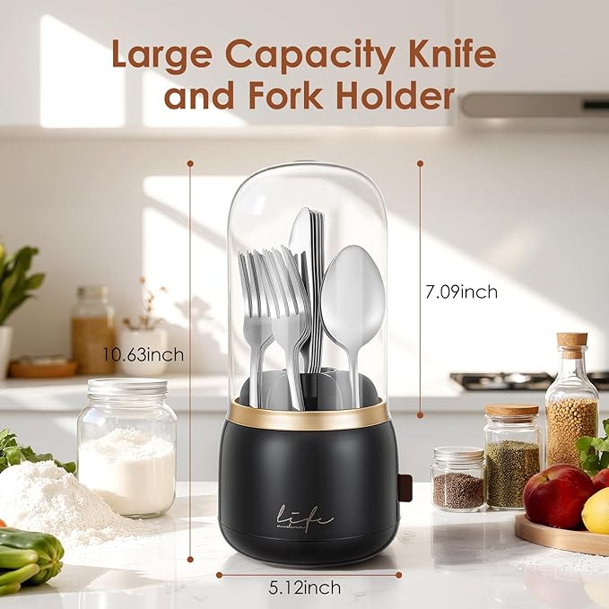 EXIN DECHEN Silverware Organizer with Lid,Cutlery Holder,Black with Gold | Waterproof and Dustproof,360°Rotating,Store Knives Forks Spoons Chopsticks for Kitchen Counter,Table,Party,Outdoor Camping,Rv