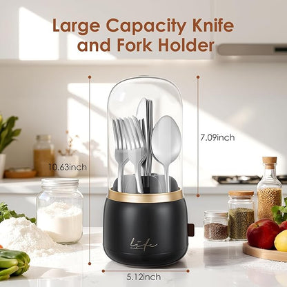 EXIN DECHEN Silverware Organizer with Lid,Cutlery Holder,Black with Gold | Waterproof and Dustproof,360°Rotating,Store Knives Forks Spoons Chopsticks for Kitchen Counter,Table,Party,Outdoor Camping,Rv