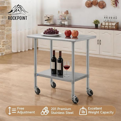 ROCKPOINT All Stainless Steel Prep Table with Caster 24x36 Inch, Commercial Heavy Duty Workbench with Stainless Legs & Adjustable Undershelf, 750 lb Capacity for Outdoor Kitchens with Wheel