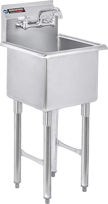 DuraSteel 304 Commercial Stainless Steel Utility Sink - 15 Inch Tub Freestanding Prep Kitchen Sink w/ Faucet - NSF Hand Wash Station for Kitchen Sinks, Outdoor, Laundry Room, Garage Small Kitchenette