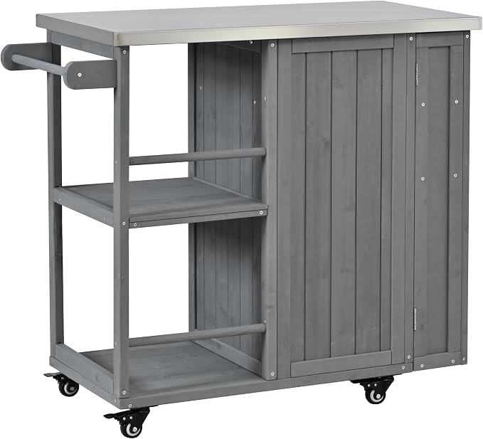 JIVOIT Outdoor Kitchen Island with Stainless Steel Worktop, Fir Wood Prep Station Lockable Kitchen Cart with Ample Storage Space, Towel and Spice Racks for Patio and Outdoor (Grey/122)