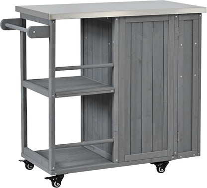 JIVOIT Outdoor Kitchen Island with Stainless Steel Worktop, Fir Wood Prep Station Lockable Kitchen Cart with Ample Storage Space, Towel and Spice Racks for Patio and Outdoor (Grey/122)