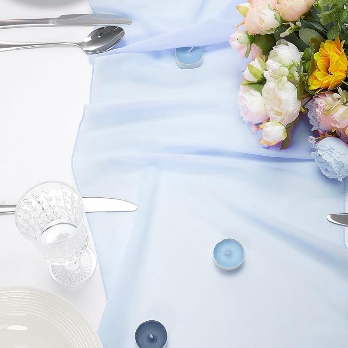 Blue Shimmery Glitter Chiffon Table Runner 35x120 Inches for Wedding Bridal Shower Outdoor Dining Party Table Decor