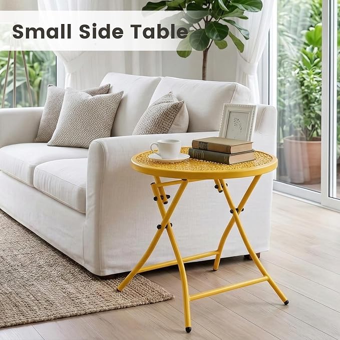 TeoKJ Folding Outdoor Side Table, Small Patio Table with Flower Cutouts | Metal Round Anti Rust Patio Desk, No Assembly Small Nightstand for Yard, Balcony, Lawn, Pool, Lightweight, Yellow