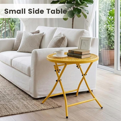 TeoKJ Folding Outdoor Side Table, Small Patio Table with Flower Cutouts | Metal Round Anti Rust Patio Desk, No Assembly Small Nightstand for Yard, Balcony, Lawn, Pool, Lightweight, Yellow