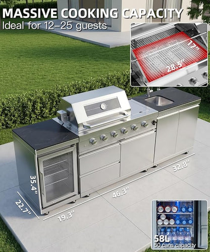 Outdoor Kitchen Island Barbecue Grill with Refrigerator & Rotisserie, Heavy-Duty Stainless Steel Freestanding Grills Station, Weather-Resistant Cooking Cabinet for Backyard & Summer Propane Gas