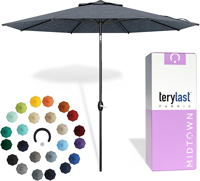Midtown Umbrellas 10-Year-No-Fade - 8 Ft - UV Proof Heather Grey Polyester Fabric - Umbrella Outdoor Patio, Auto-Tilt Aluminum Frame Patio Umbrella for Garden, Pool & Deck - Black Pole