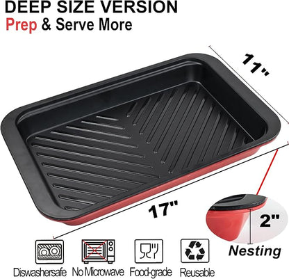 ECOIOU Deep Grilling and Prep Serving Tray, Dishwasher-Safe | BBQ Trays for Raw and Cooked Food, Melamine Serving Trays for Food, Set of 2, Black and Red