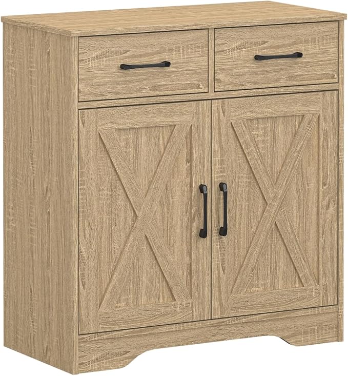 Panana Sideboard 2 Drawers 2 Doors Entryway Storage Cabinet Living Room Organizer Farmhouse Style Wooden Kitchen Cupboard (Nature)
