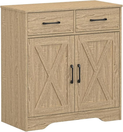 Panana Sideboard 2 Drawers 2 Doors Entryway Storage Cabinet Living Room Organizer Farmhouse Style Wooden Kitchen Cupboard (Nature)
