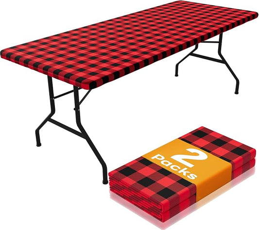 Smiry Picnic Table Cloth 2 Pack, Waterproof Elastic Fitted Tablecloths for 6FT Rectangle Tables, Washable Polyester Buffalo Plaid Tablecloth for Camping, Dining & Christmas(Black & Red, 30" x 72")