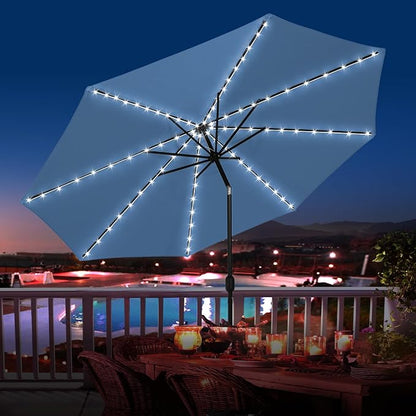 Sundale Outdoor 88 LED 10 FT Solar Patio Umbrella with Base, Navy | Sand Bag Umbrella Base, Tilt, Crank, Solar Lights