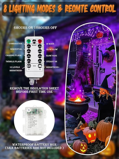 Halloween Fairy String Lights Battery Operated 100 LED 33FT 4 Pack Purple | Timer, 8 Modes, Remote Control, Brightness Adjustable Waterproof Twinkle Lights for Indoor Outdoor Party Cpreepy decorations