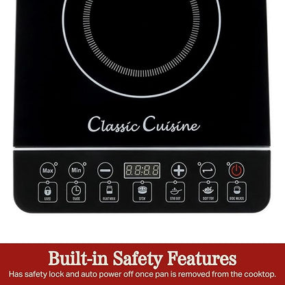 Induction Cooktop - Multifunctional 1800W Electric Stove Top - Hot Plate with Built-In Safety Tools and 10 Power Settings by Classic Cuisine (Black)