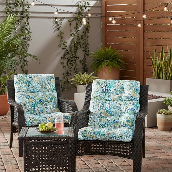 Outdoor Tufted High-Back Chair Cushions, One-Piece Hinged Seat and Back Design, Reversible with 4 Ties, Durable Polyester Fabric, Recycled Fiber Fill - Set of 2, Baltic Paisley