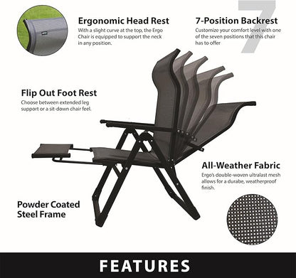 Caravan Sports Ergo+ - Adjustable Outdoor Patio Camping Lounge with Footrest & Headrest, Steel Frame Weather-Resistant Fabric – Folding Outdoor Chair