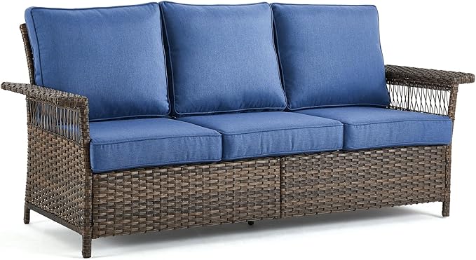 Patio Sofa 3-Seat Wicker Couch Brown PE Rattan Sofa with Deep Seating High Back Outdoor Sofa for Patio Garden Balcony Sunroom Backyard Deck Porch Poolside, Sofa(1PC), Brown|Blue