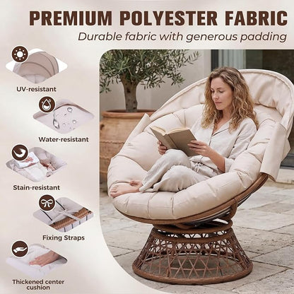 GTPLAYER Outdoor Wicker Egg Chair PE Rattan Chair with Cushion, Oversized Patio Lounge Chair with Canopy Papasan Chair 360° Swivel Base for Outdoor, Indoor, Balcony, Backyard, Garden, Beige