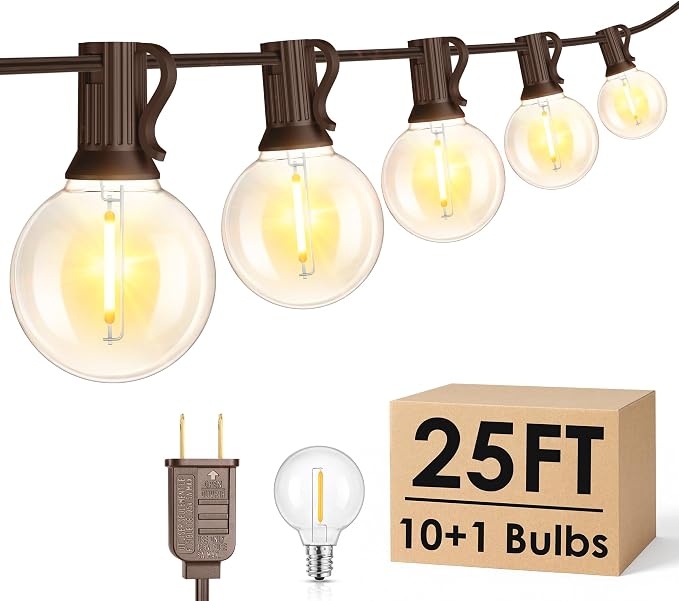 Mlambert 25FT G40 LED Outdoor String Lights, Plug-in Waterproof Patio Lights with 10 LED Bulbs (1 Spare), Porch Lights for Backyard Party Decor, Brown