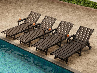 Garvee Lounge Chair Outdoor Set of 4 with Wheels & 5-Position Adjustable Backrest, Oversized Chaise Lounge with 2 Move Handle, HDPE Lounge Chair w/Detachable Cup Holder, for Patio, Pool,Dark Gray