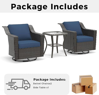 3 Pieces Patio Conversation Furniture Set - 2 Swivel Chairs, 1 Side Table, Outdoor Wicker Rocking Glider Armchairs with Washable and Water-Resistant Cushions for Balcony, (Navy Blue)