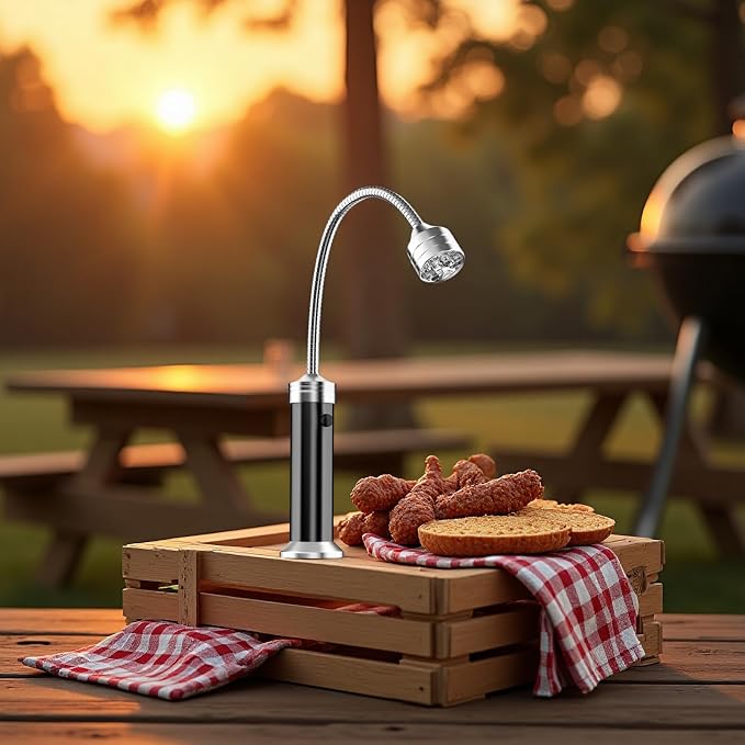 BBQ Grill Light with 9 LED, 360° Flexible Gooseneck, Attachment Force Base for Grilling, Repairing, Camping, Portable Plastic Case Included, Black, 7.1 x 4.7 x 1.8 in / 18 x 12 x 4.6 cm