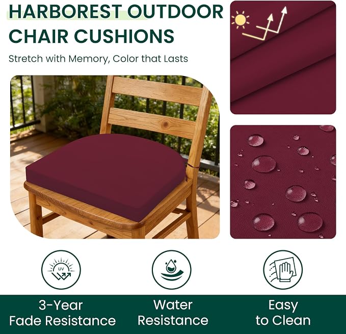 HARBOREST Outdoor Chair Cushions Set of 6, Water Resistant Patio Chair Cushions with Ties, Outdoor Seat Cushions for Patio Furniture, 17"x16"x2", Burgundy