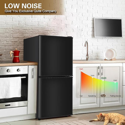 Dorm Size Fridge with Freezer 4.3 Cu. Ft., 2-Door Small Refrigerator with Bottom Freezer, 7-Level Thermostat Control, Low Noise Mini Fridge for Apartment, Office, Kitchen, Black