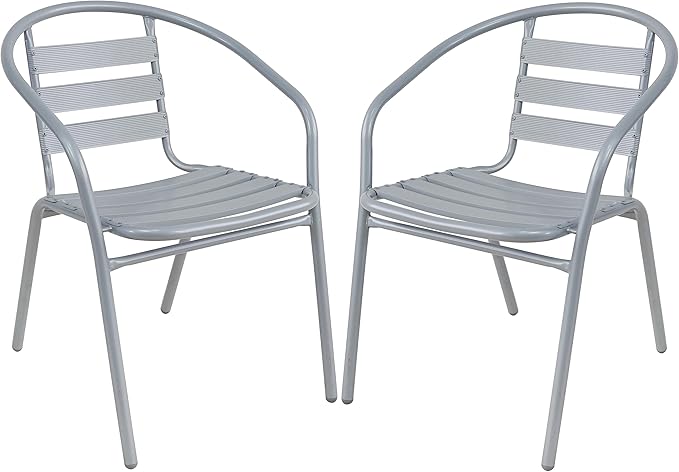 BTEXPERT Indoor Outdoor 23.75" Restaurant Stainless Steel Aluminum + 2 Silver Gray Metal Slat Stack Commercial Lightweight, 2 Chairs with a Square Table