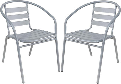 BTEXPERT Indoor Outdoor 23.75" Restaurant Stainless Steel Aluminum + 2 Silver Gray Metal Slat Stack Commercial Lightweight, 2 Chairs with a Square Table