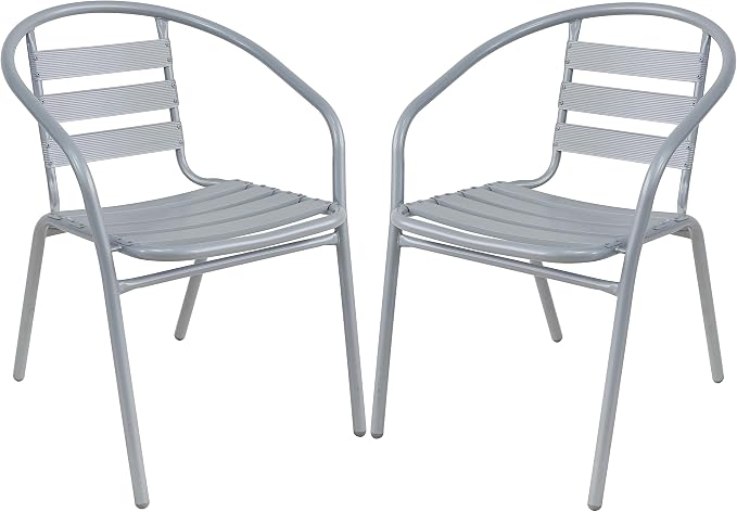 Gray Indoor Outdoor 23.75" Restaurant Stainless Steel Silver Aluminum + 2 Metal Slat Stack Commercial Lightweight, 2 Chairs with a Round Table