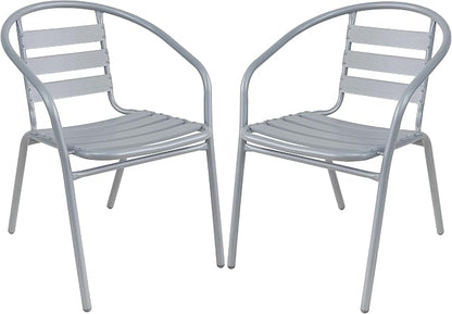 Gray Indoor Outdoor 23.75" Restaurant Stainless Steel Silver Aluminum + 2 Metal Slat Stack Commercial Lightweight, 2 Chairs with a Round Table