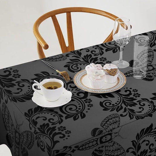 Black Damask Tablecloth Gothic Vintage Floral Skull Exotic Moth Antique Table Cloth Water Resistant Wipeable Table Cover for Farmhouse Party Holiday Kitchen Dinner Table 55x75