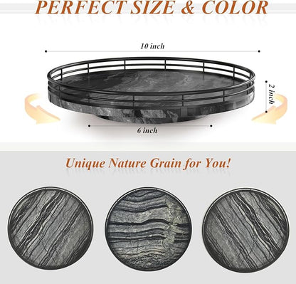 AMH 10-Inch Ancient Wood-Grain Marble Lazy Susan with Black Iron Frame | Smooth rotating oak tray with walnut finish for dining tables, kitchen counters, pantries and cabinet storage.
