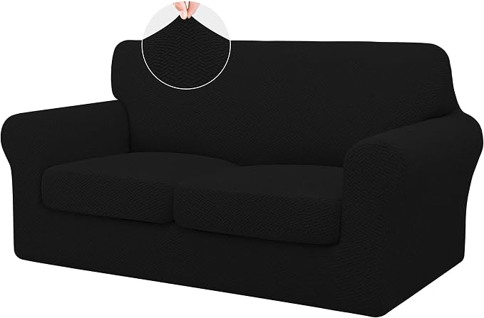 ISSUNTEX 3 Pieces High Stretch Thicken Loveseat Couch Covers, Soft Sofa Slipcover for 2 Separate Cushion Couch, Jacquard Fabric Elastic Sofa Cover Furniture Protector for Dogs (Loveseat, Black)