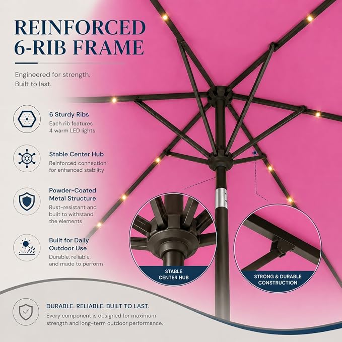 6.5 x 10ft Rectangular Patio Umbrella with Solar Lights, 16 LED Lighted Market Umbrella with Push-Button Tilt and Crank, 6 Sturdy Iron Ribs for Garden, Deck, Pool, Rose Pink