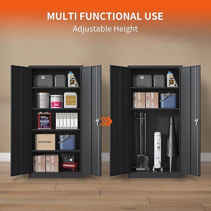 Metal Storage Cabinet with Adjustable Shelves, Garage Tool Cabinet with 2 Lockable Doors for Office, Home, Garage, Require Assembly, Black