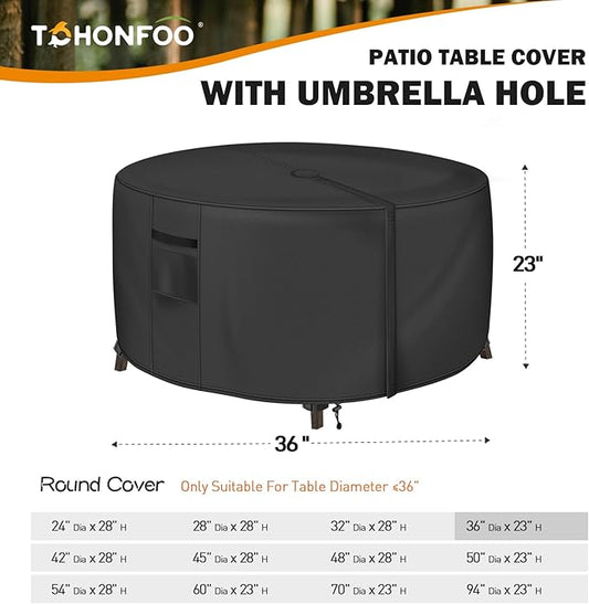 Round Patio Table Cover with Umbrella Hole - 36"DIA x 23"H (COVER SIZE，NOT TABLE SIZE) Heavy Duty Waterproof 600D Oxford Fabric Outdoor Lawn Patio Furniture Covers